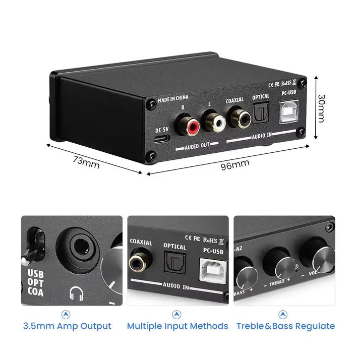 AIYIMA DAC-A2 Décodeur audio HiFi, amplificateur de casque USB, sortie coaxiale optique, DAC stéréo 