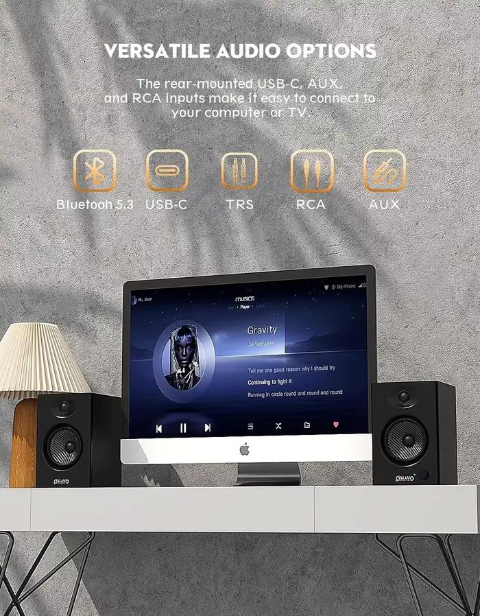 OHAYO Haut-parleurs d'ordinateur 60 W pour jeux de musique, Bluetooth 5.3 actif, haut-parleurs stéré