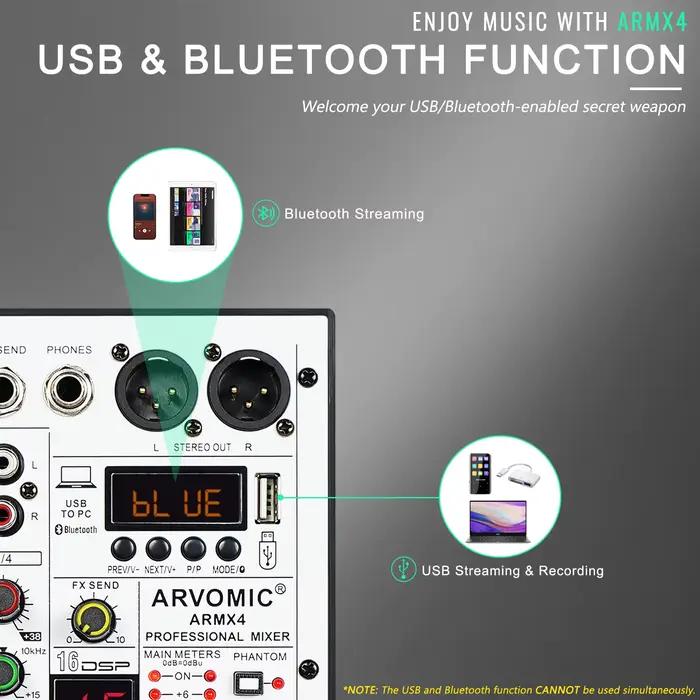 Mélangeur audio 4 canaux, table de mixage DJ avec interface audio USB, fonction Bluetooth, 16 effets