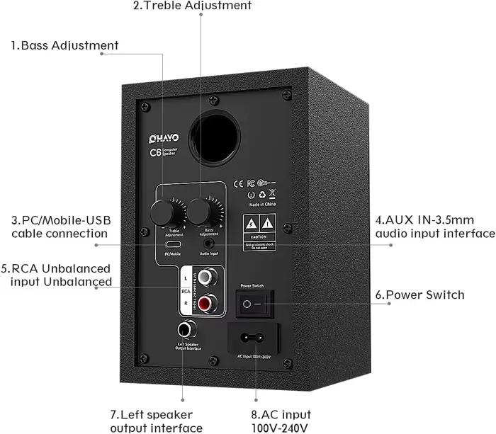OHAYO Haut-parleurs d'ordinateur 60 W pour jeux de musique, Bluetooth 5.3 actif, haut-parleurs stéré