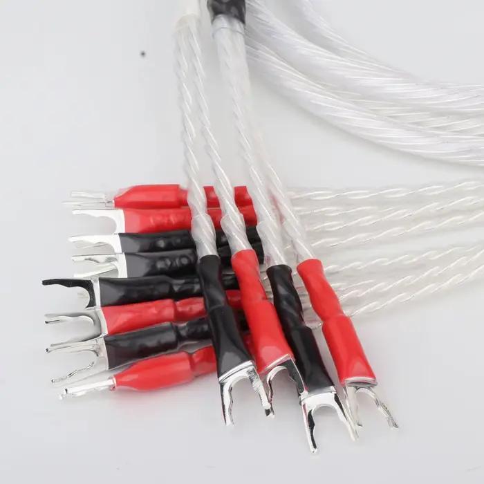 Câble de haut-parleur plaqué argent Hifi biwire 2 bananes à Y spade pour amplificateur et haut-parleurs de qualité supérieure pour audiophiles
