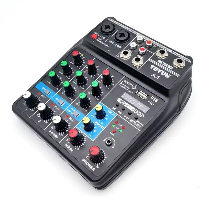 TEYUN A4 Console de mixage sonore Bluetooth USB enregistrement ordinateur 48V retard d'alimentation fantôme effet de répétition 4 canaux USB mélangeur Audio