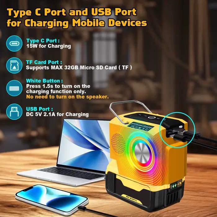Enceinte portable pour chantier compatible avec batterie Dewalt 20V