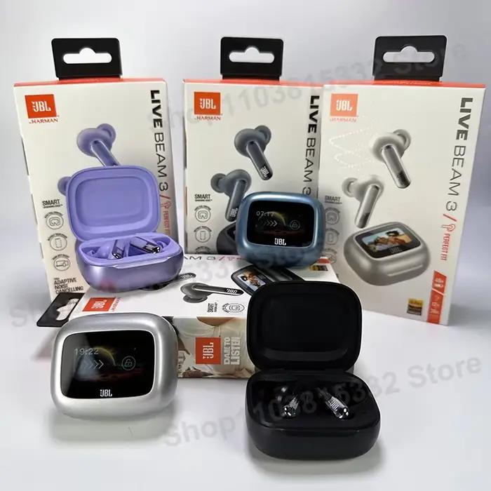 Écouteurs sans fil Bluetooth JBL Live Beam 3 d'origine avec boîte d'affichage LED intelligente, écouteurs à réduction de bruit, Beam3