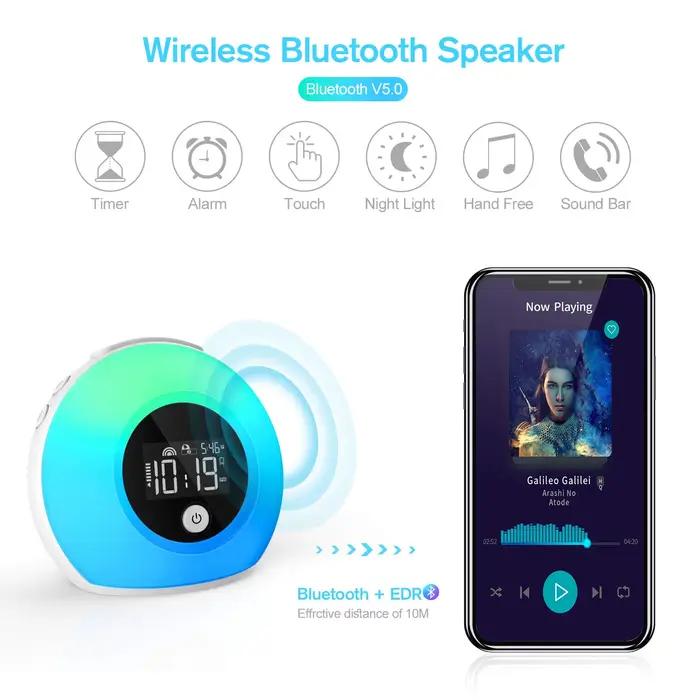 Enceintes Bluetooth 4-en-1 avec veilleuse RGB, lampe de réveil, réveil, enceinte sans fil pour fêtes, camping, cadeau pour enfants, boîte à son ambiance sonore et lumière musicale