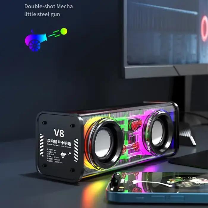 V8 Transparent Mecha Haut-parleurs Bluetooth 5.0 Sans Fil Double Basse Diaphragme Subwoofer Musique TWS RGB Lumière Mini Partie Haut Parleur