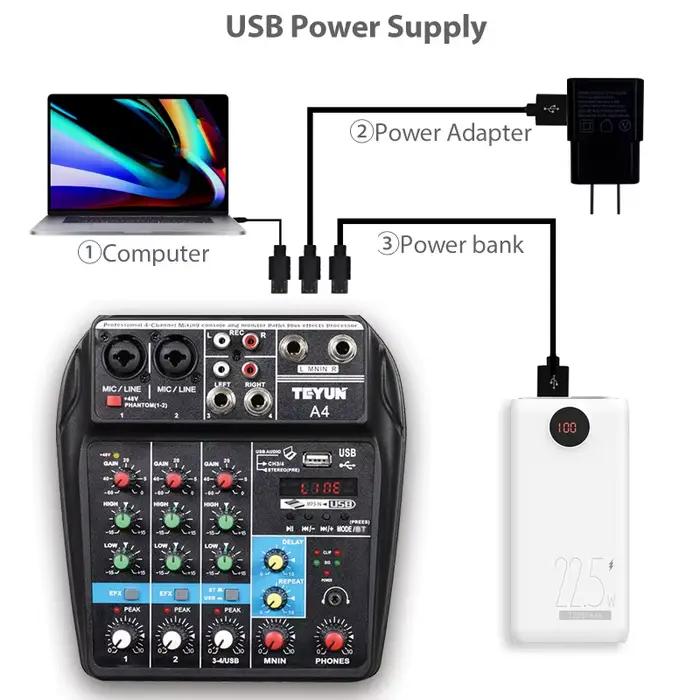 TEYUN A4 Console de mixage sonore Bluetooth USB enregistrement ordinateur 48V retard d'alimentation fantôme effet de répétition 4 canaux USB mélangeur Audio