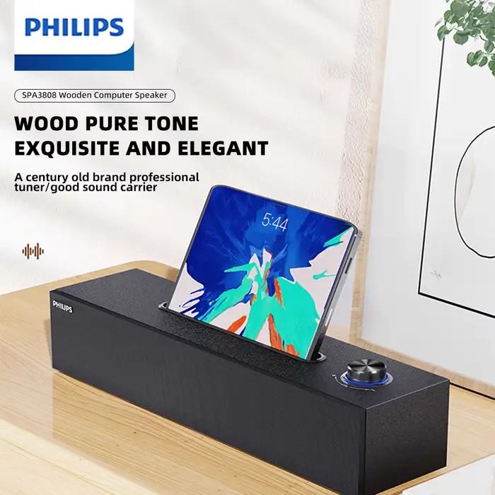 La barre de son Philips SPA 3808 comprend une conception simple de grain de bois
