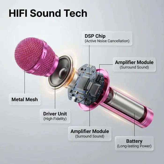 Microphone karaoké Bluetooth 5.0 avec réglage de réverbération, son stéréo HIFI et 5 modes vocaux pour soirées familiales et cadeaux surprises