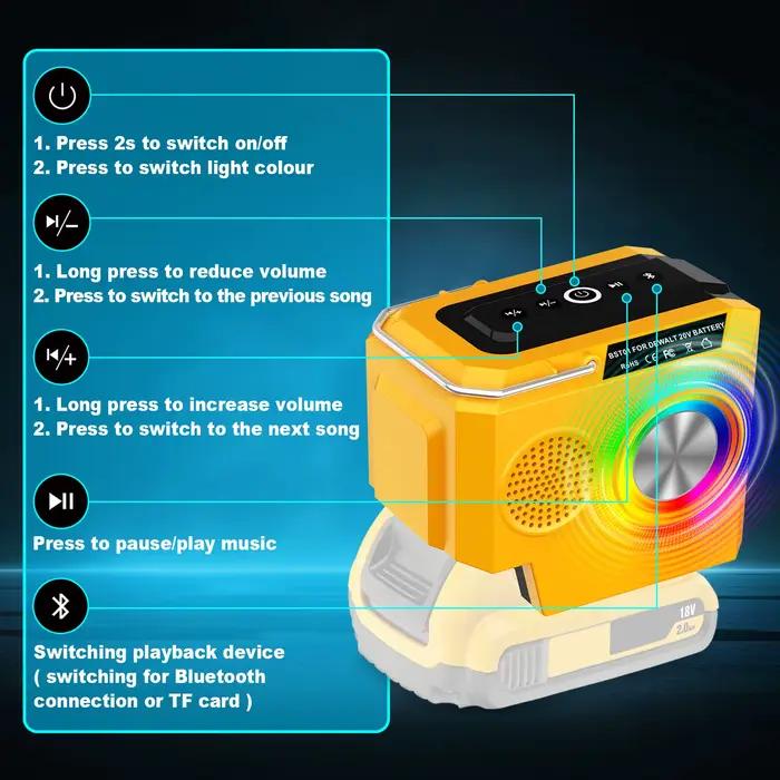 Enceinte portable pour chantier compatible avec batterie Dewalt 20V