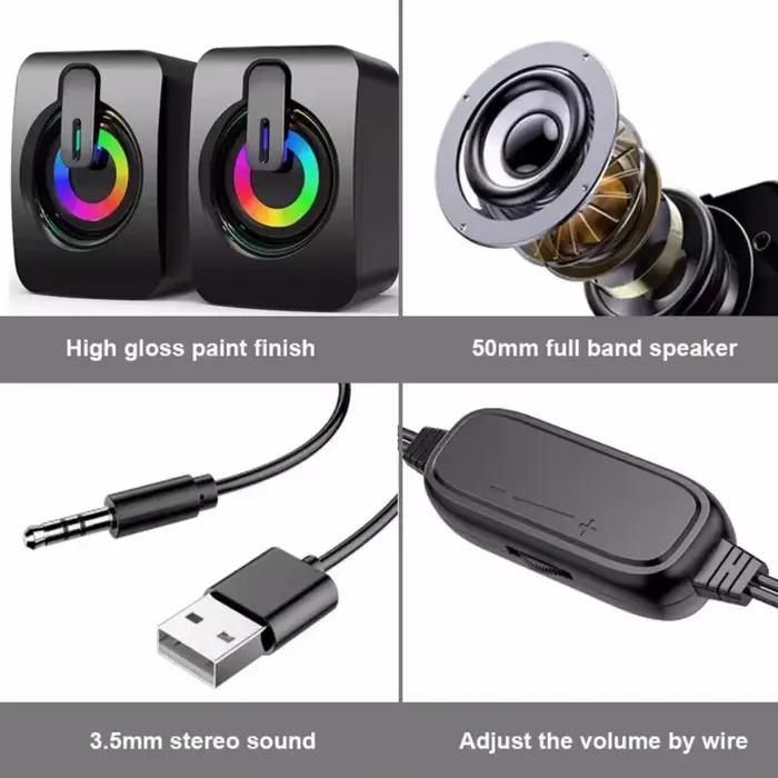 Haut-parleurs d'ordinateur stéréo HiFi USB avec éclairage LED pour bureau, idéal pour la musique, les films et les appels vidéo