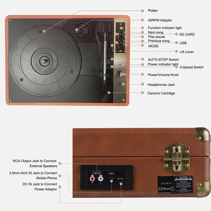Lecteur de disque vinyle Vintage BT phonographe USB enregistrement 33/45/78 tr/min Support pour disques