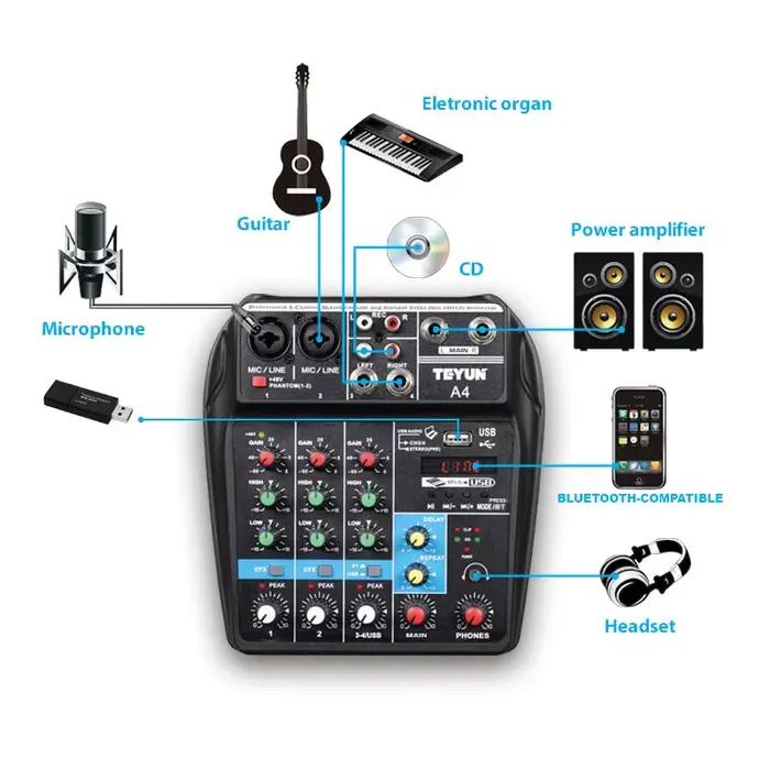 TEYUN A4 Console de mixage sonore Bluetooth USB enregistrement ordinateur 48V retard d'alimentation fantôme effet de répétition 4 canaux USB mélangeur Audio