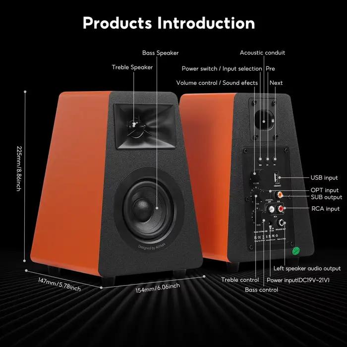 AIYIMA S30 haut-parleurs d'étagère actifs Bluetooth 5.3 en bois 100W moniteur de Studio haut-parleurs Hifi Home cinéma caisson de basses Orange/blanc