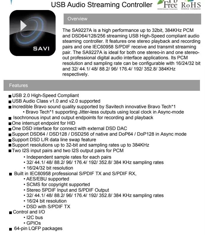 SA9GG-Sortie Source Numérique USB Vers éventuelles DIF Optique I2S.32BIT 384K DSDMatte Suooprt AC3,D