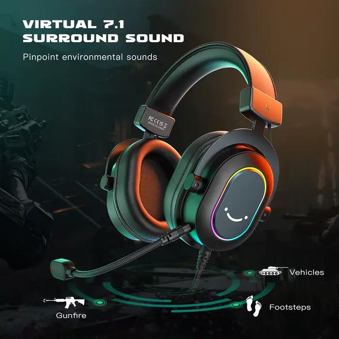 Fifine Casque de jeu RVB dynamique avec micro Casque supra-auriculaire 7.1 Surround Sound PC PS4 PS5