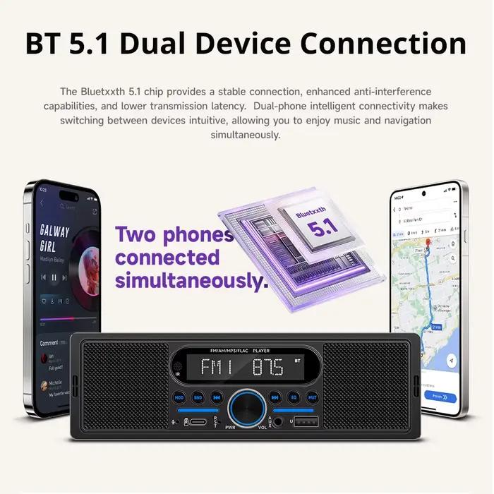 Autoradio 1Din Lecteur MP3 Stéréo Double Bluetooth Haut-parleur intégré FM AM RDS Entrée AUX USB EQ Type-C Charge universelle
