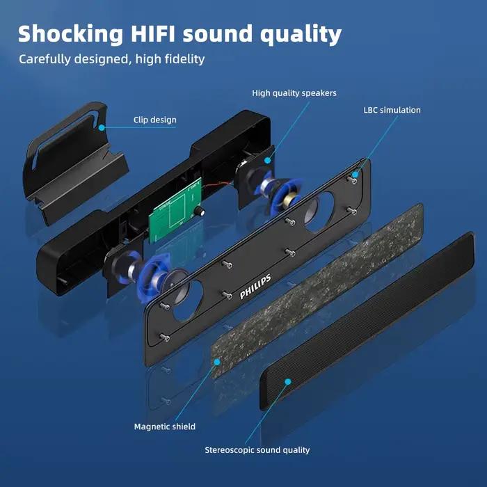Philips SPA 2100 SoundBar dossier haut-parleur Portable caractéristiques qualité sonore HIFI alimentation USB et Bluetooth intégré