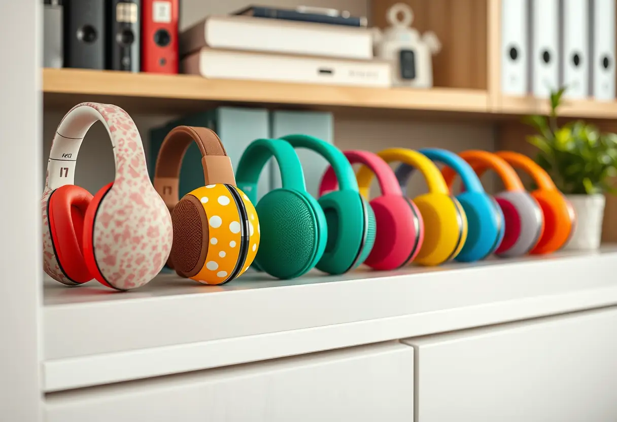 Ensemble d'enceintes Bluetooth colorées sur une étagère dans un bureau