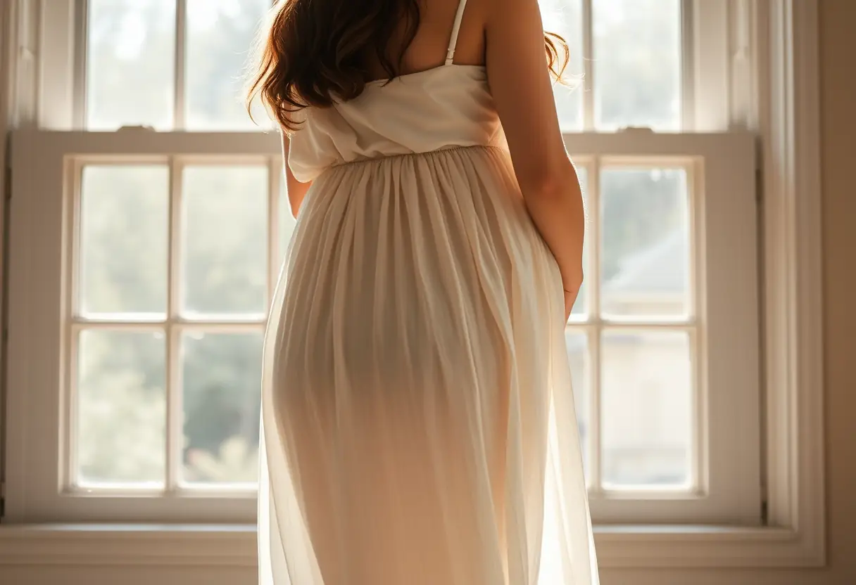 Une femme vue de dos dans une robe en coton, debout près d'une fenêtre éclairée par le solein