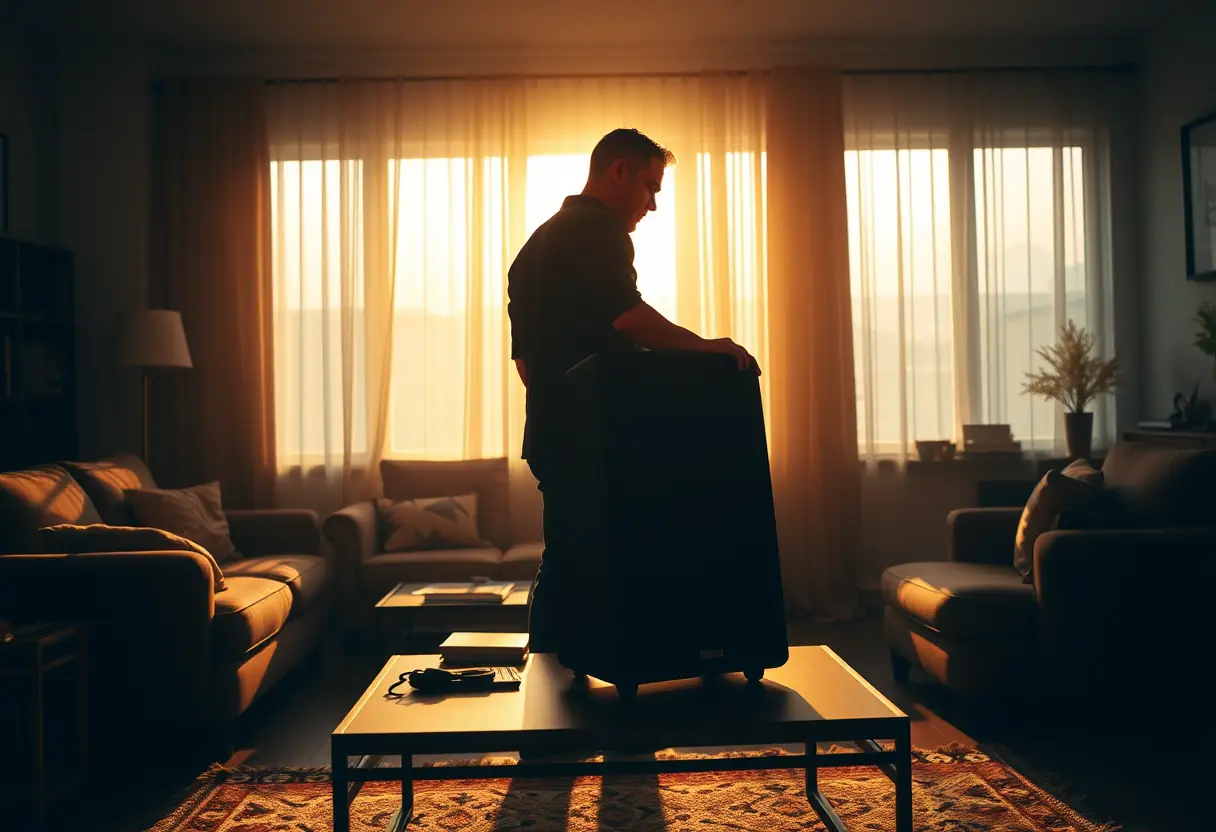 Un silhouetté devant un grand haut-parleur puissant dans un salon