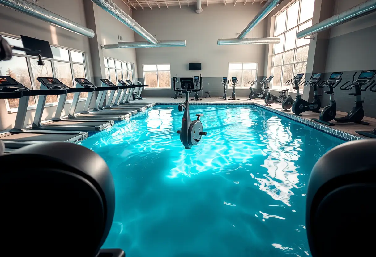 Gym avec une aquabike au milieu d'une piscine, éclairée par la lumière naturelle