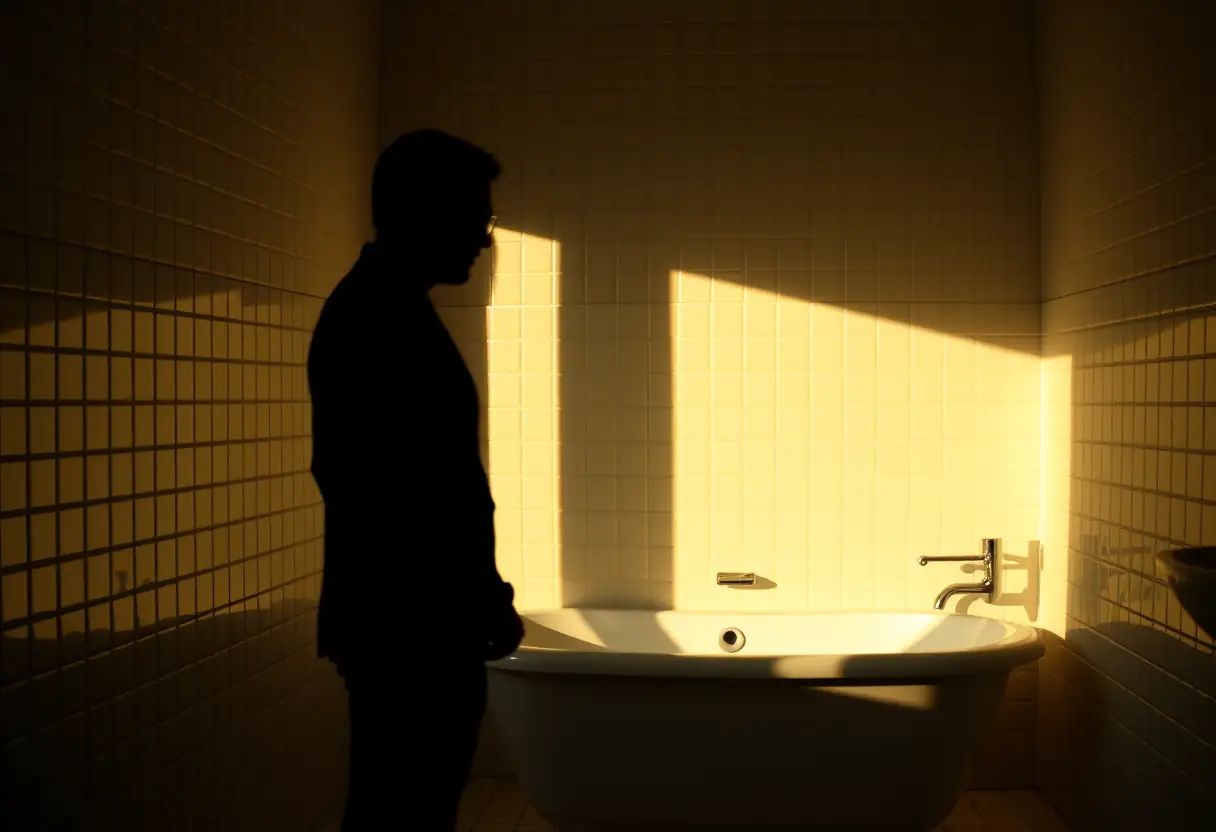 Silhouette d'une personne dans une salle de bain, la lumière se reflétant sur les carreaux et la baignoire, article sur les bains pendant la grossesse