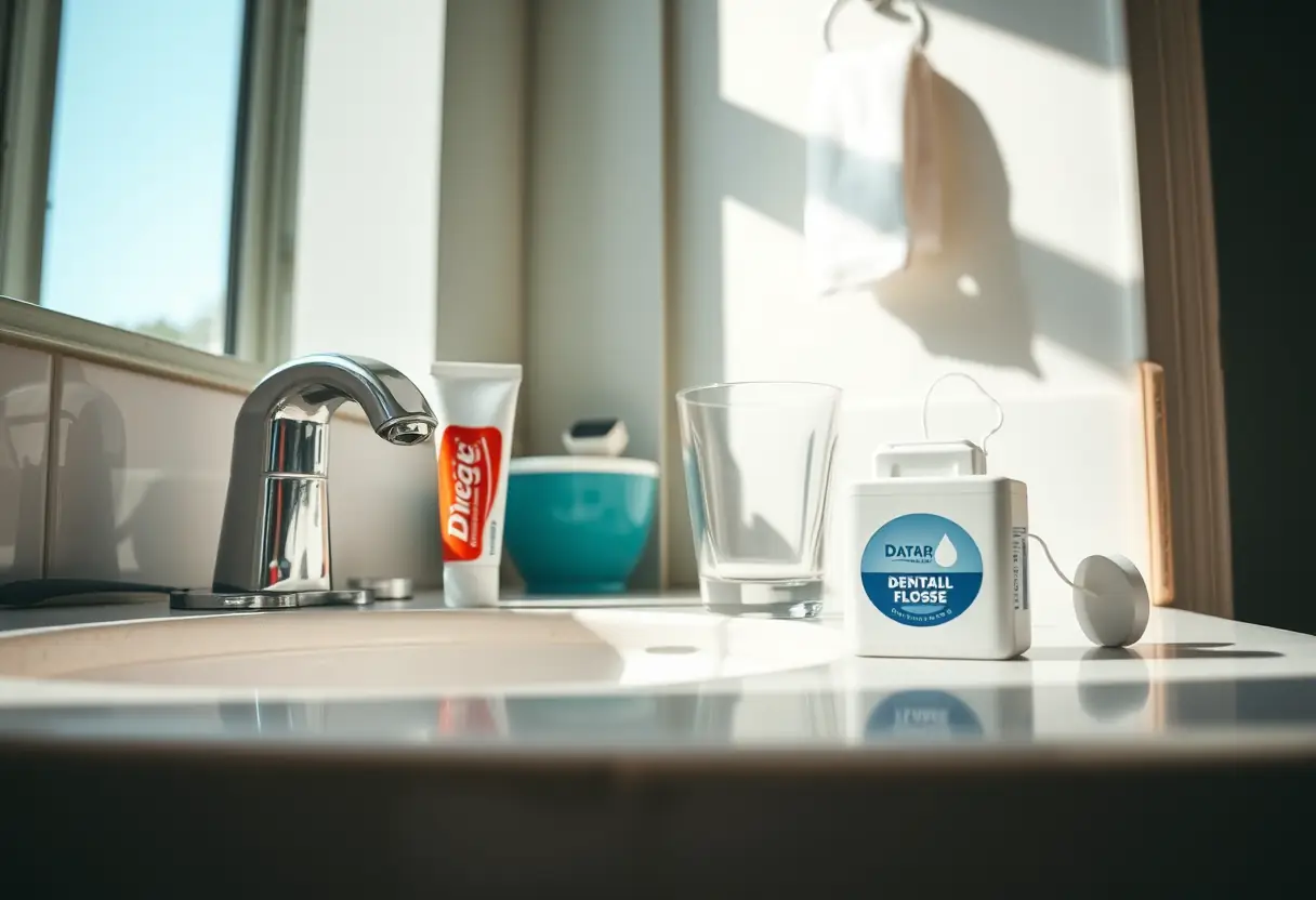 Comptoir de salle de bain avec produits dentaires pour future mère