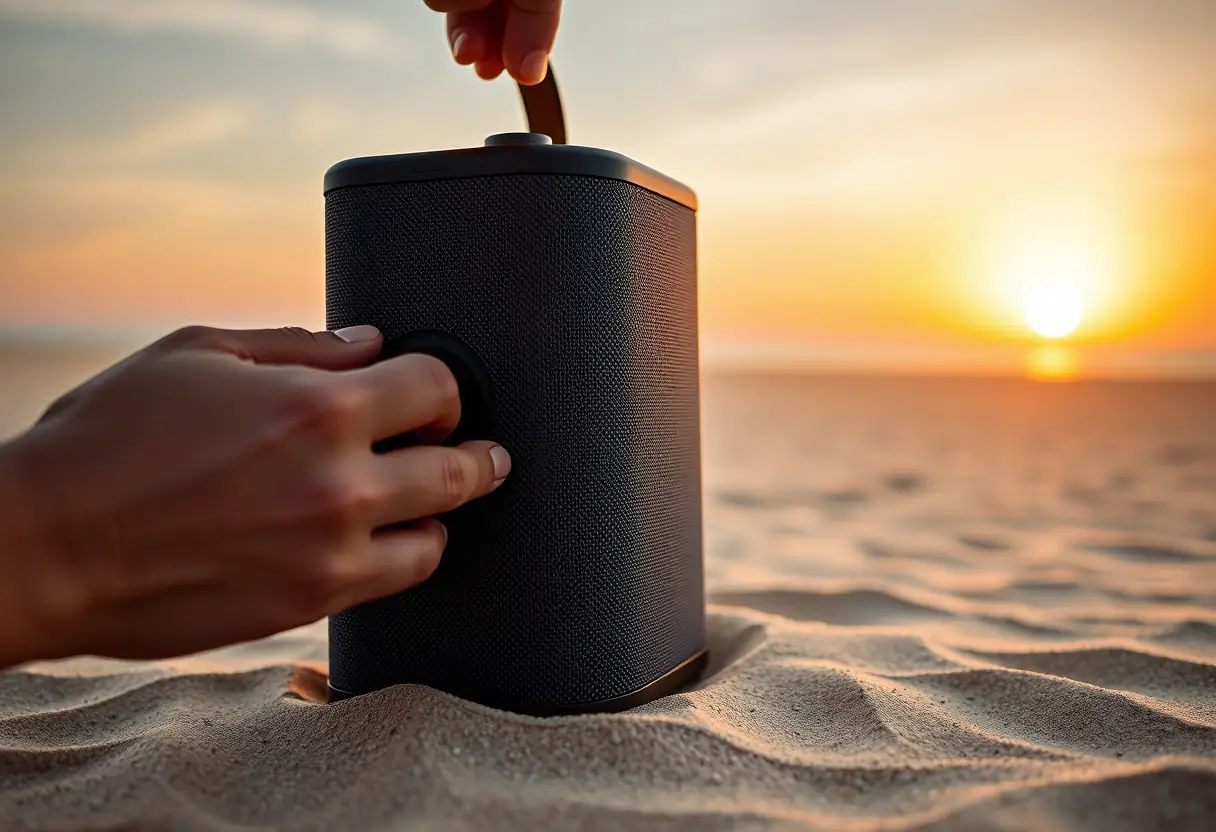 Haut-parleur bluetooth Sony sur la plage au coucher du soleil