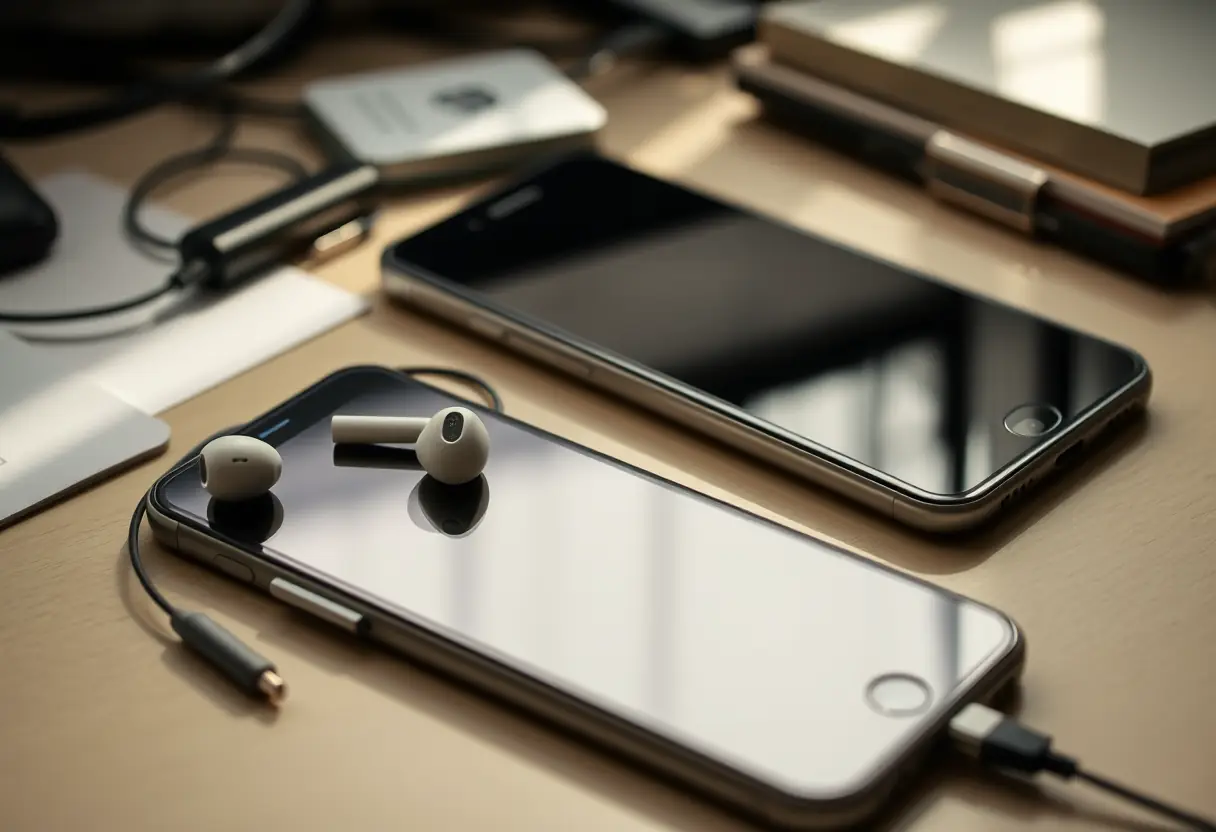 Écouteurs posés près d'un smartphone sur un bureau, lumière naturelle