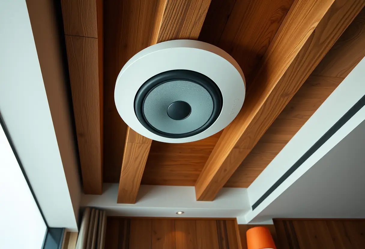 Enceinte ovale intégrée dans le plafond d'une salle de cinéma domestique