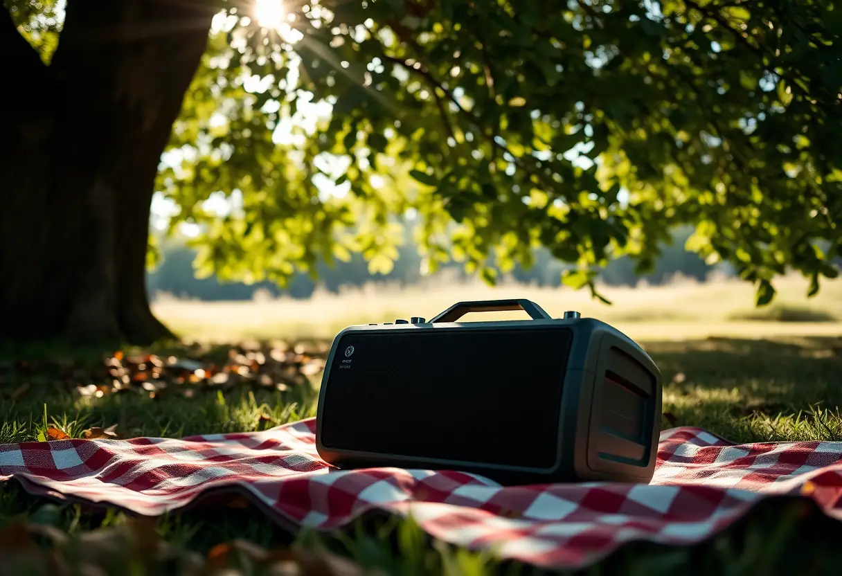 Enceinte portable posée sur une nappe de pique-nique au soleil