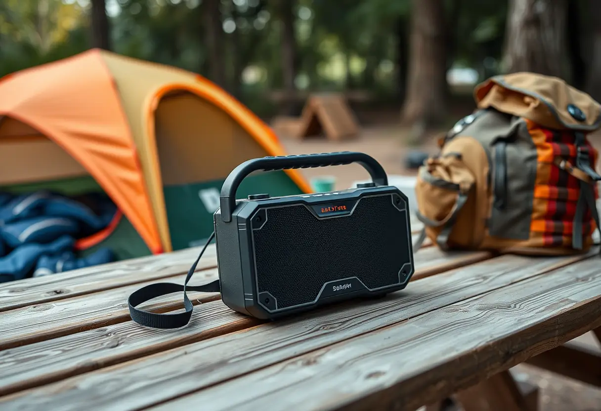 Enceinte posée sur une table de pique-nique en plein air