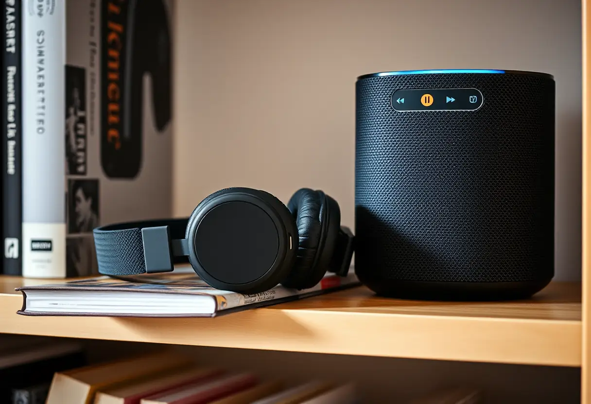 Casque posé près d'une enceinte intelligente active