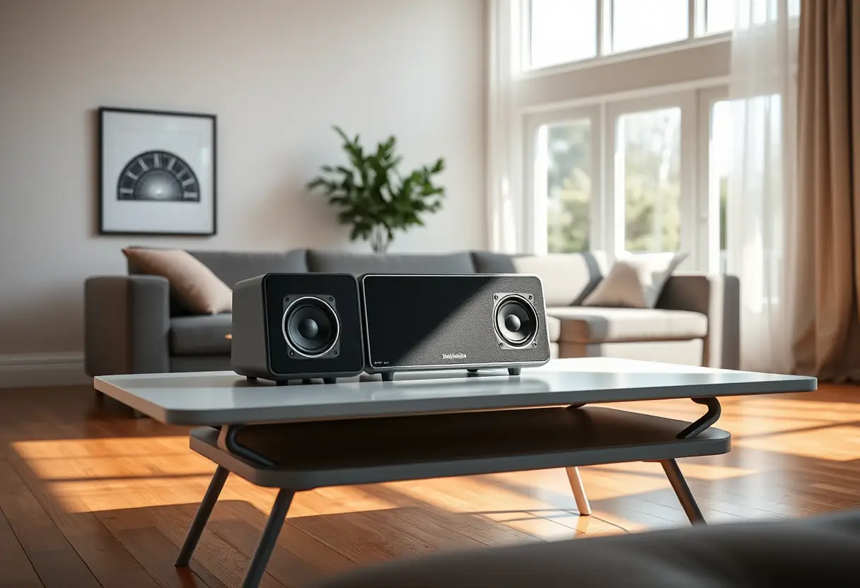 Enceintes sans fil sur une table basse minimaliste