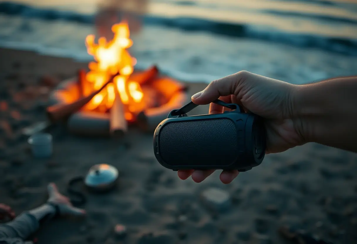 Une main tenant un petit haut-parleur étanche près d'un feu de camp sur une plage, la lumière réfléchie sur les vagues en arrière-plan, guide sur les enceintes Bluetooth Bose