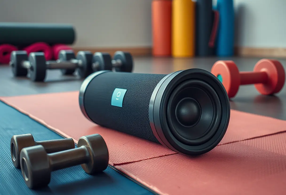 Enceinte portable dans un gymnase, texte alternatif pour lecteurs malvoyants