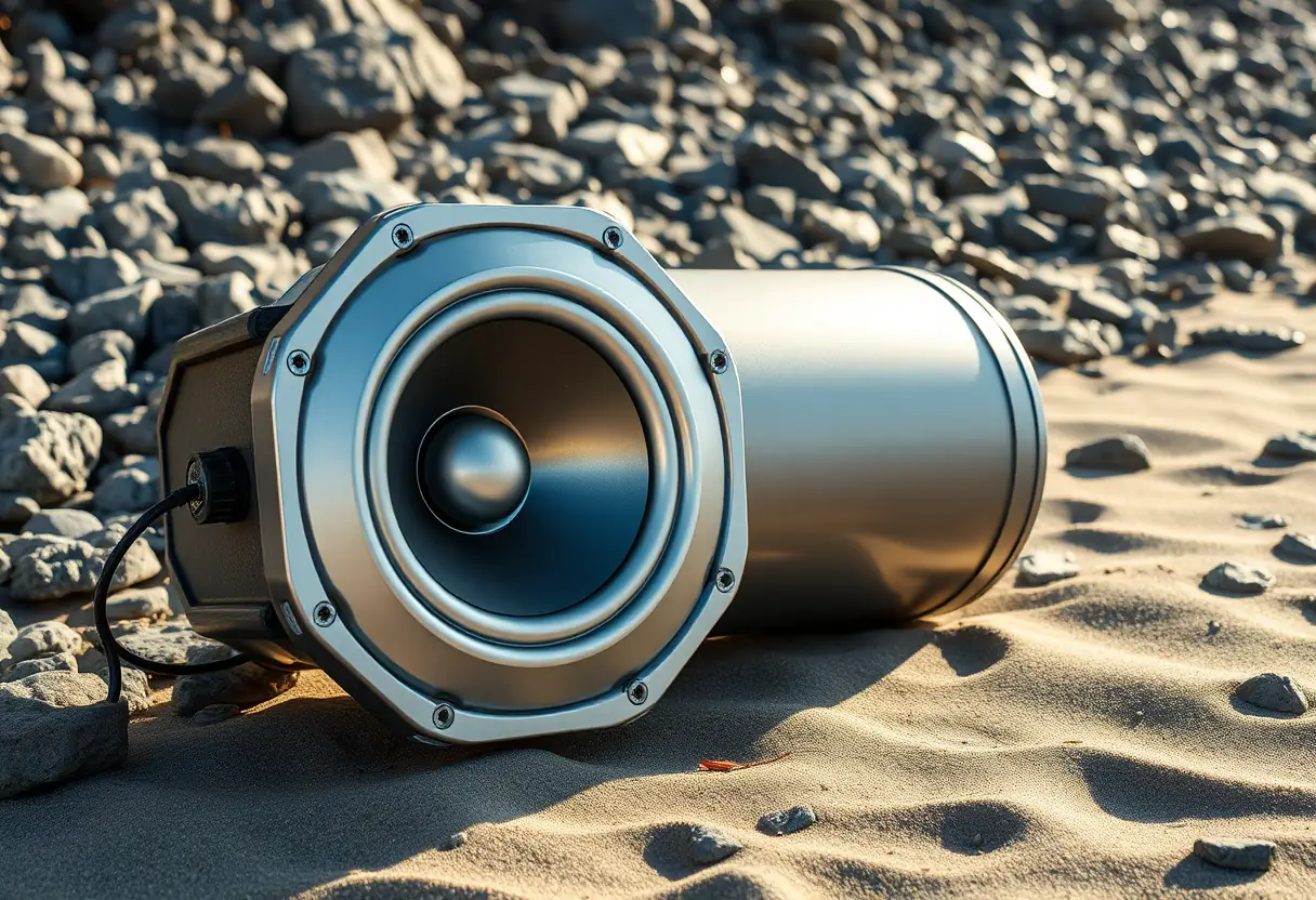 Une enceinte Bluetooth posée sur une plage rocheuse