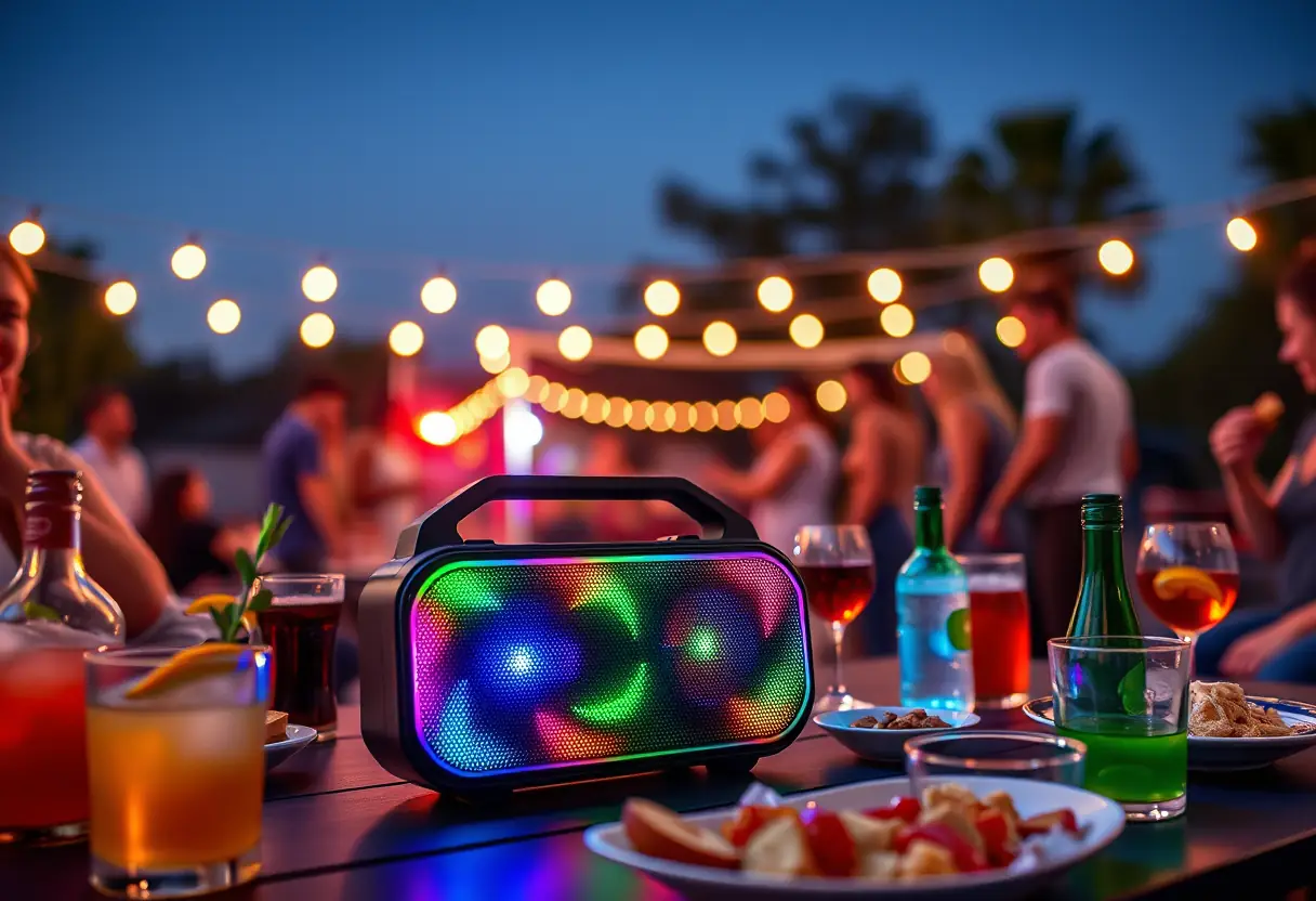 Une soirée extérieure avec un haut-parleur lumineux émettant des lumières multicolores