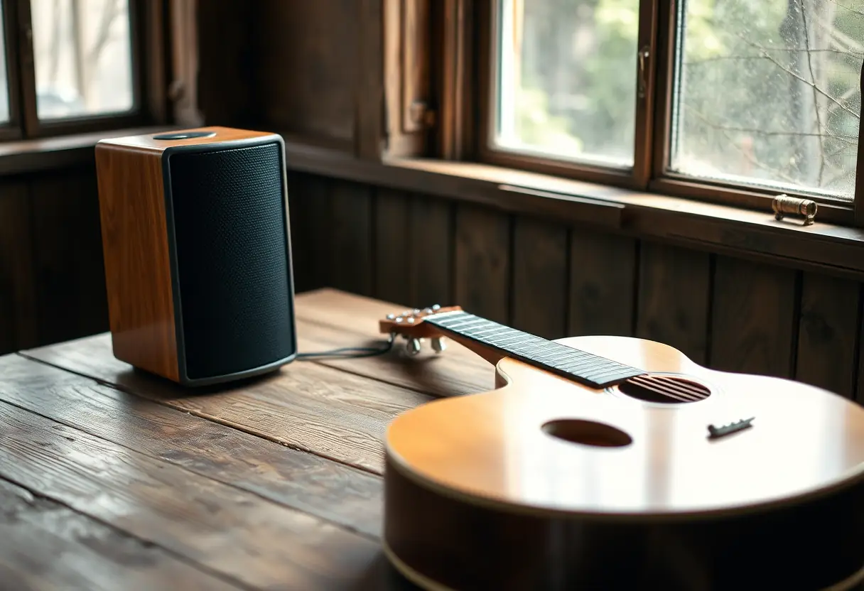 Une enceinte posée sur une table en bois avec une guitare à proximité, évoquant la fusion des traditions musicales ancienne et moderne