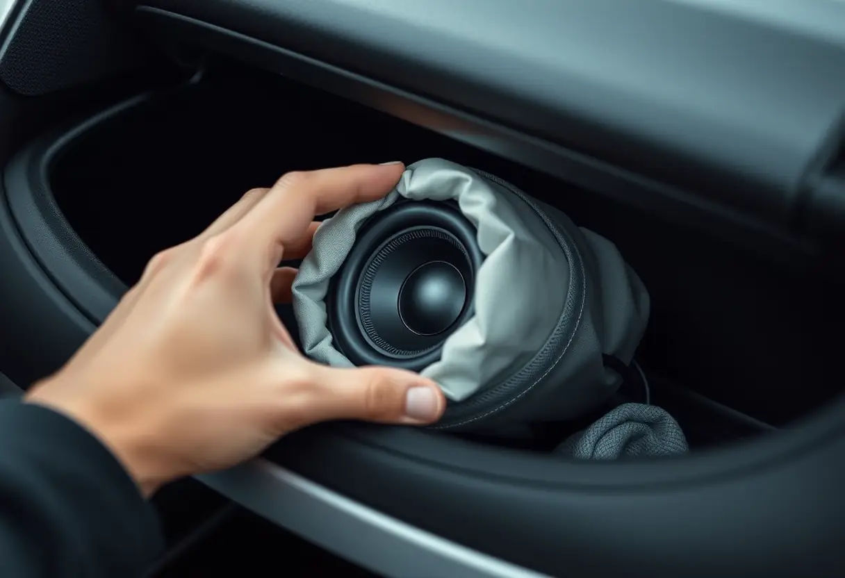 Une main introduisant un petit haut-parleur cylindrique dans la boîte à gants d'une voiture