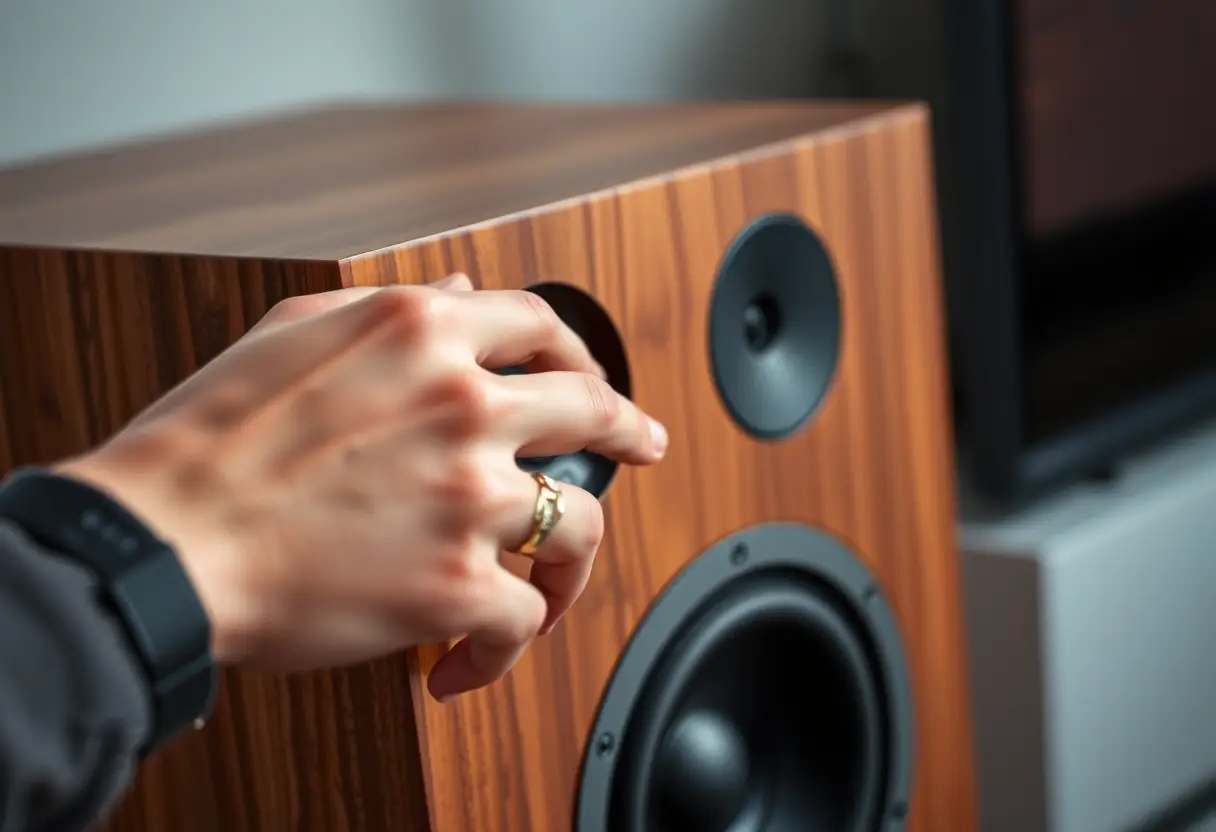 Main de bois ajustant le volume d'une enceinte haut de gamme