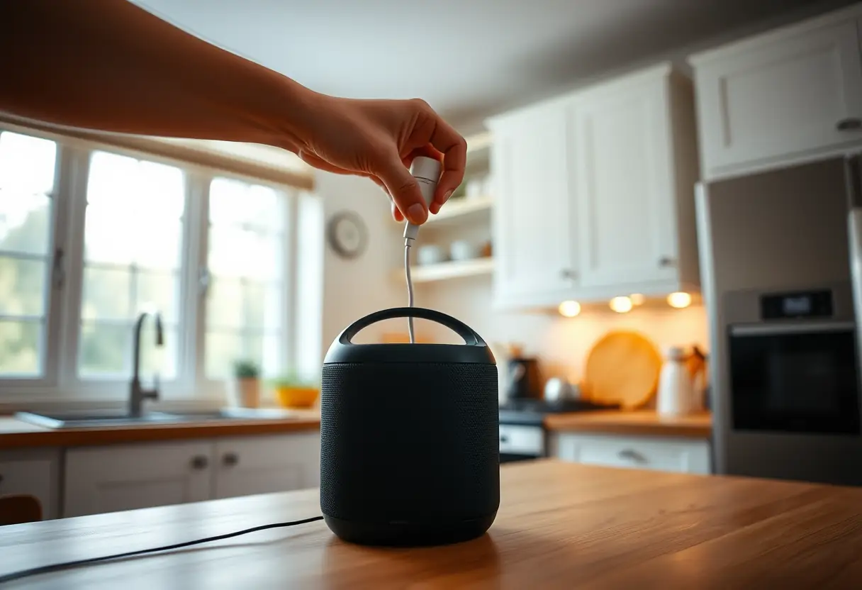Une main branche le chargeur d'un haut-parleur rechargeable dans une cuisine