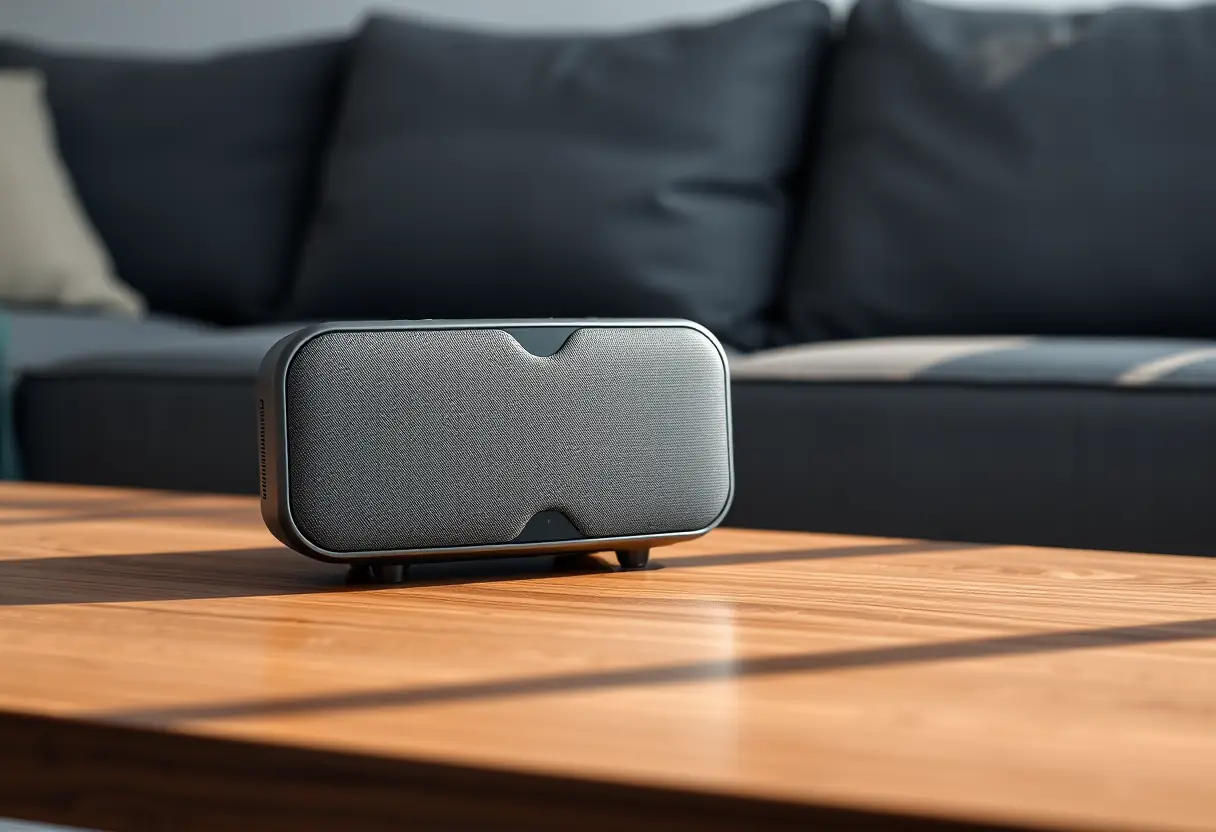 Une enceinte moderne posée sur une table basse en bois