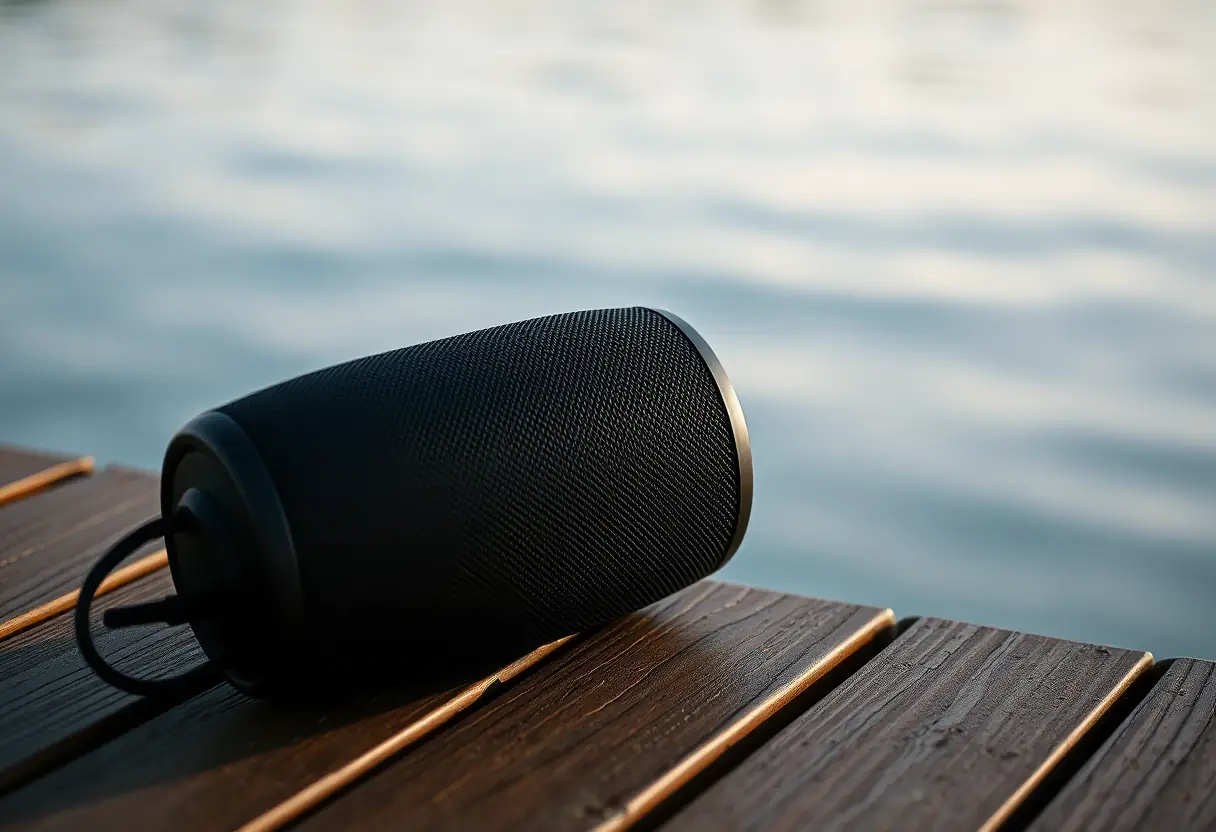 Un haut-parleur cylindrique noir reposant sur un quai de bois près d'un lac