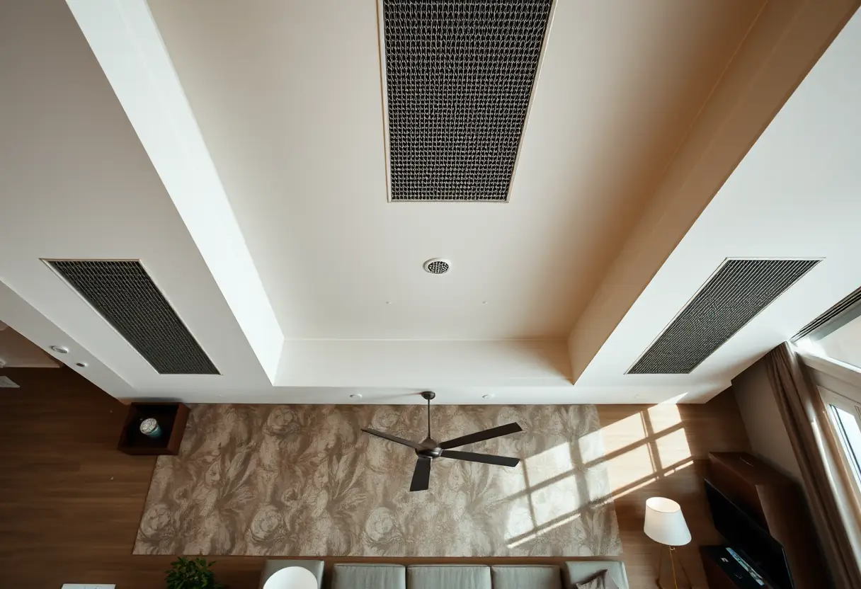 Vue aérienne d'un salon avec enceintes plafond, texte alternatif en français