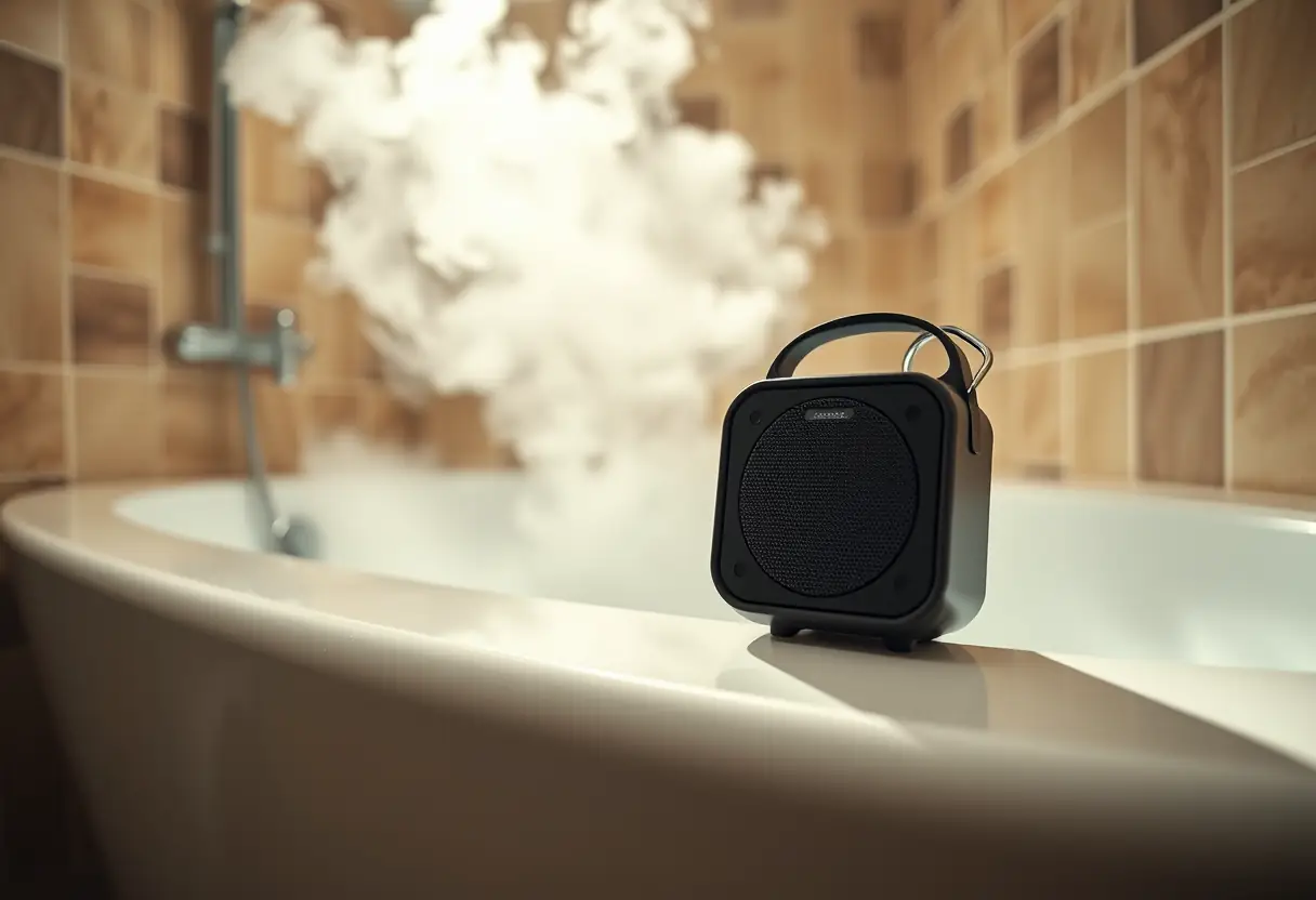 Enceinte portable près de la baignoire dans la vapeur de la douche