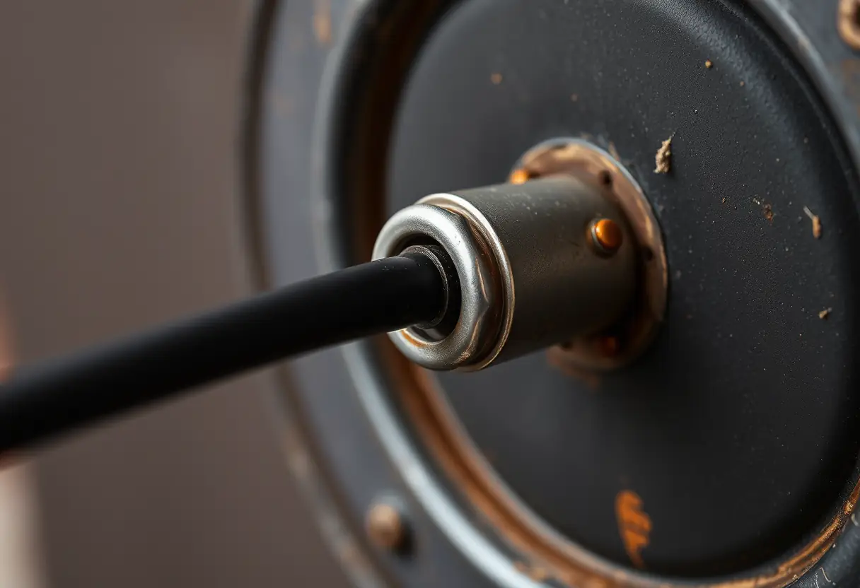 Connecteur métallique usé sur l'arrière d'une enceinte vintage