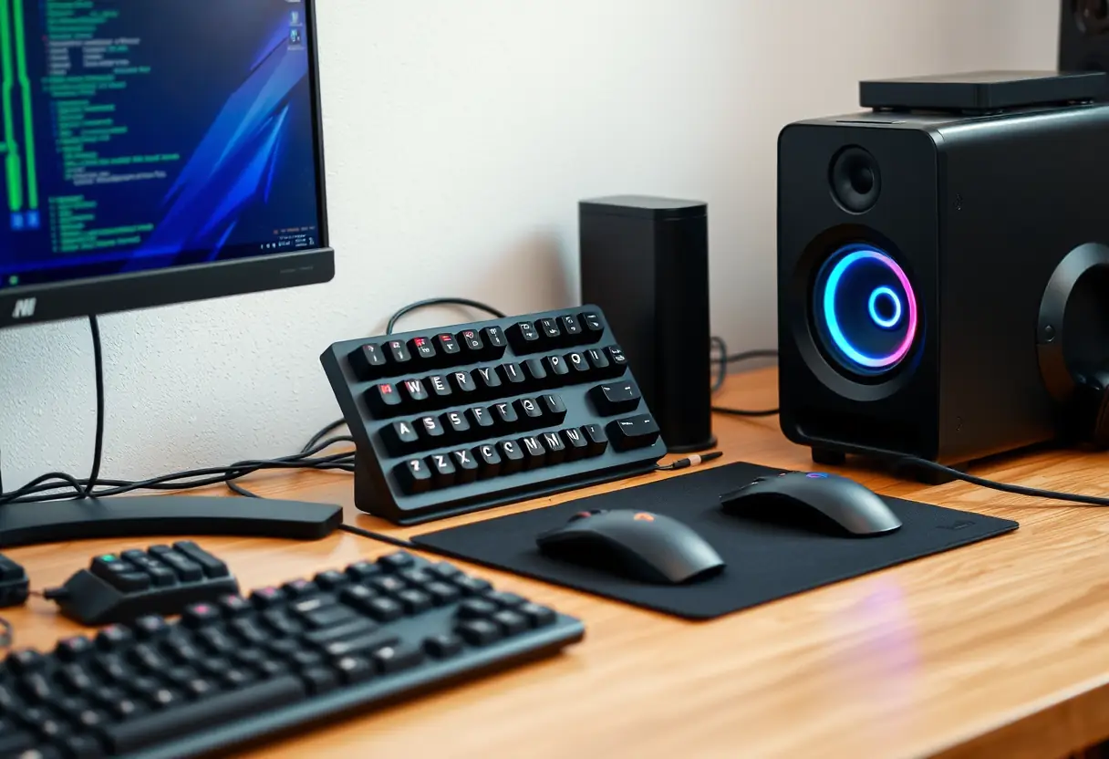 Bureau de jeu avec clavier, souris et enceintes