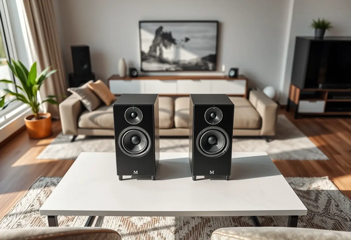 Enceintes de luxe sur une table basse moderne